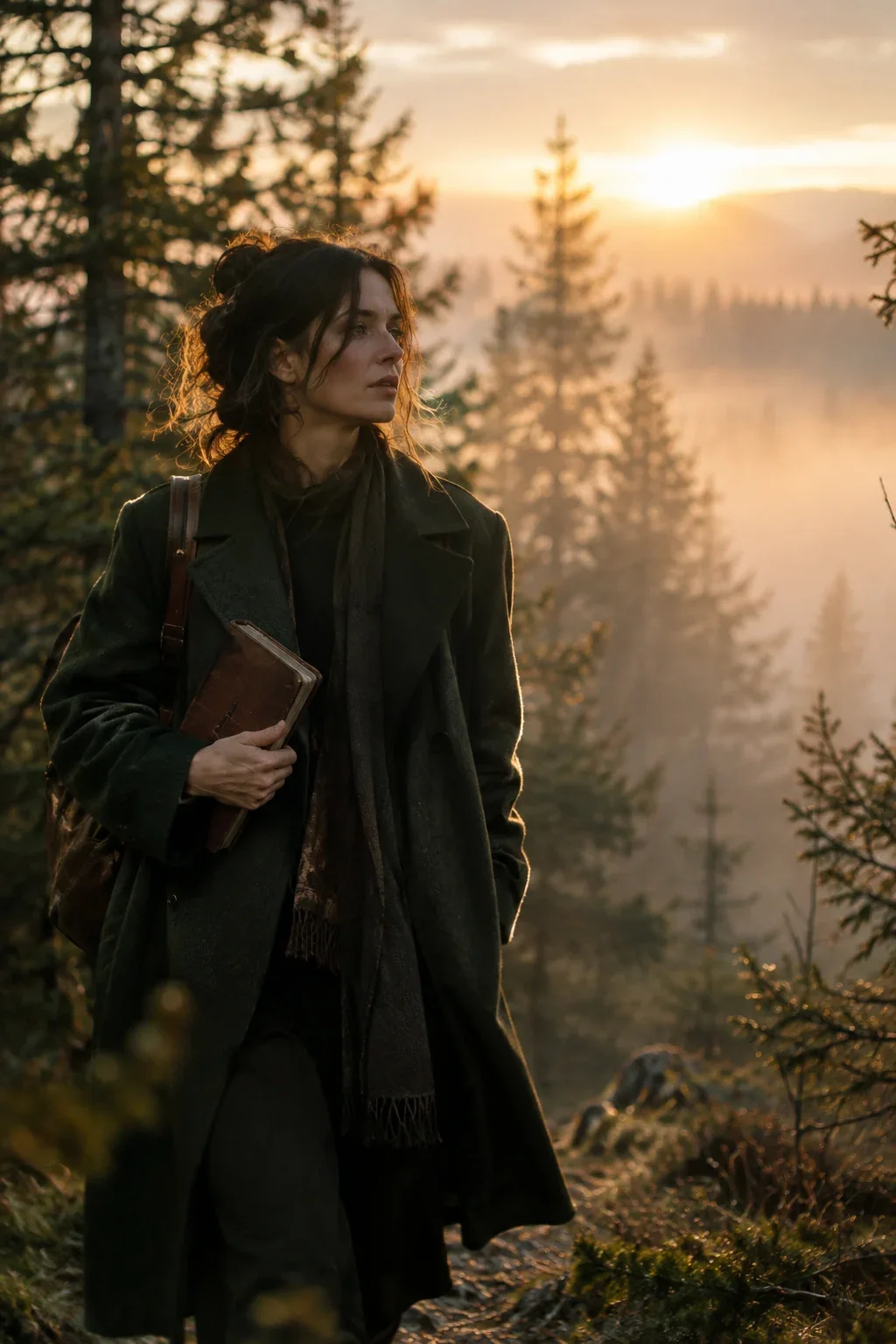 Woman with a journal in the misty forest, ChatGPT prompt result