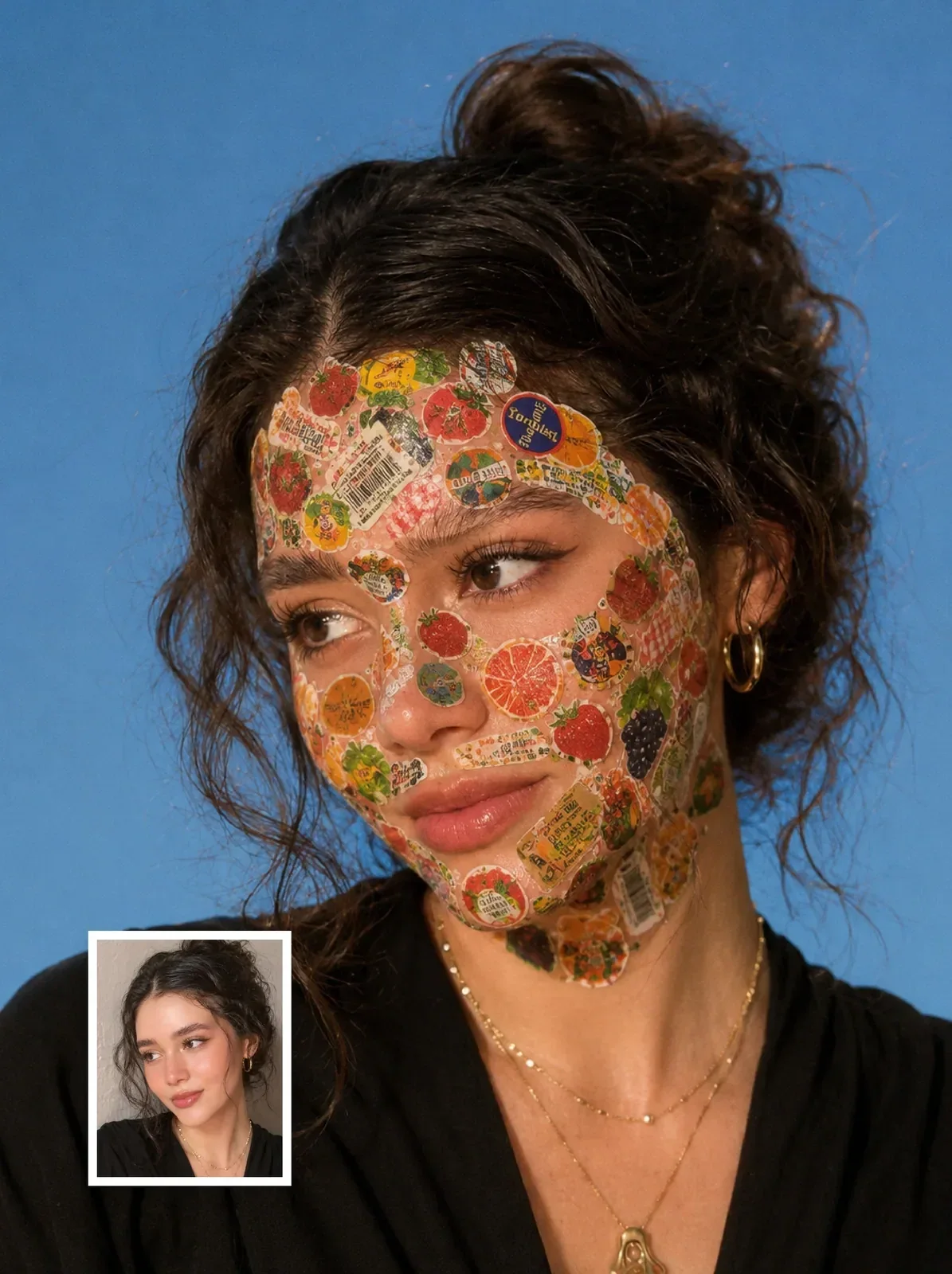 Editorial sticker-collage portrait, Ergebnis eines ChatGPT Prompts