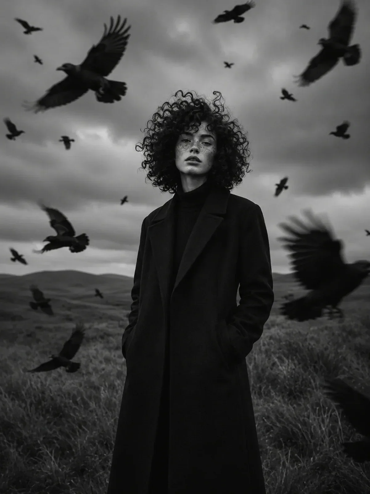 Monochrome dark fashion landscape editorial, Ergebnis eines ChatGPT Prompts