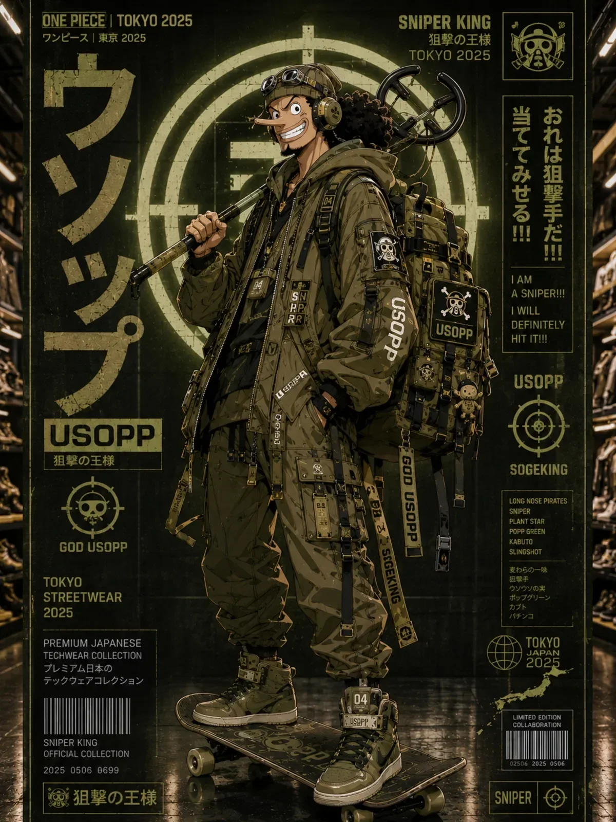 Anime character luxury techwear poster, Ergebnis eines ChatGPT Prompts