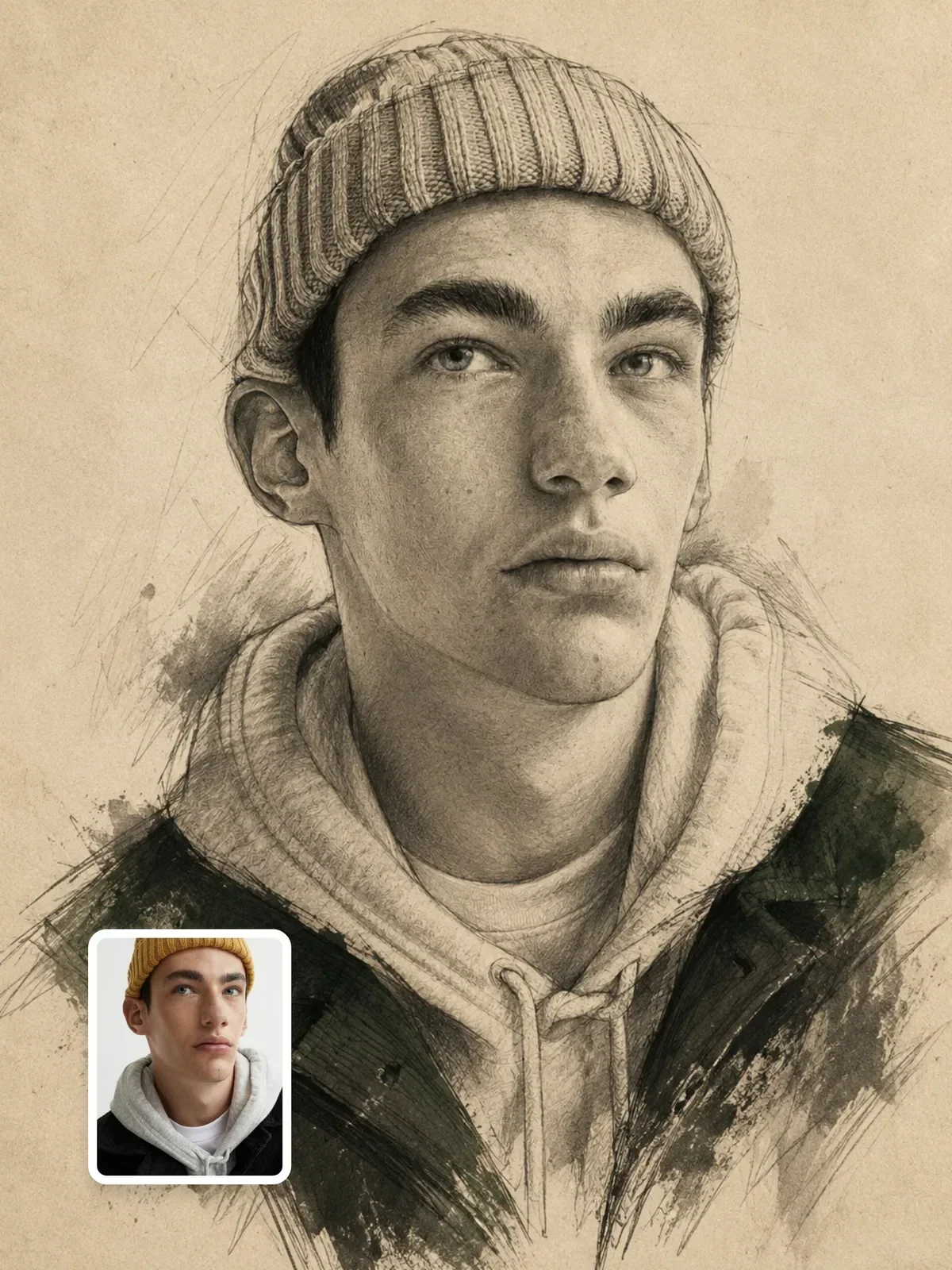 Fine-art fashion sketch portrait, Ergebnis eines ChatGPT Prompts