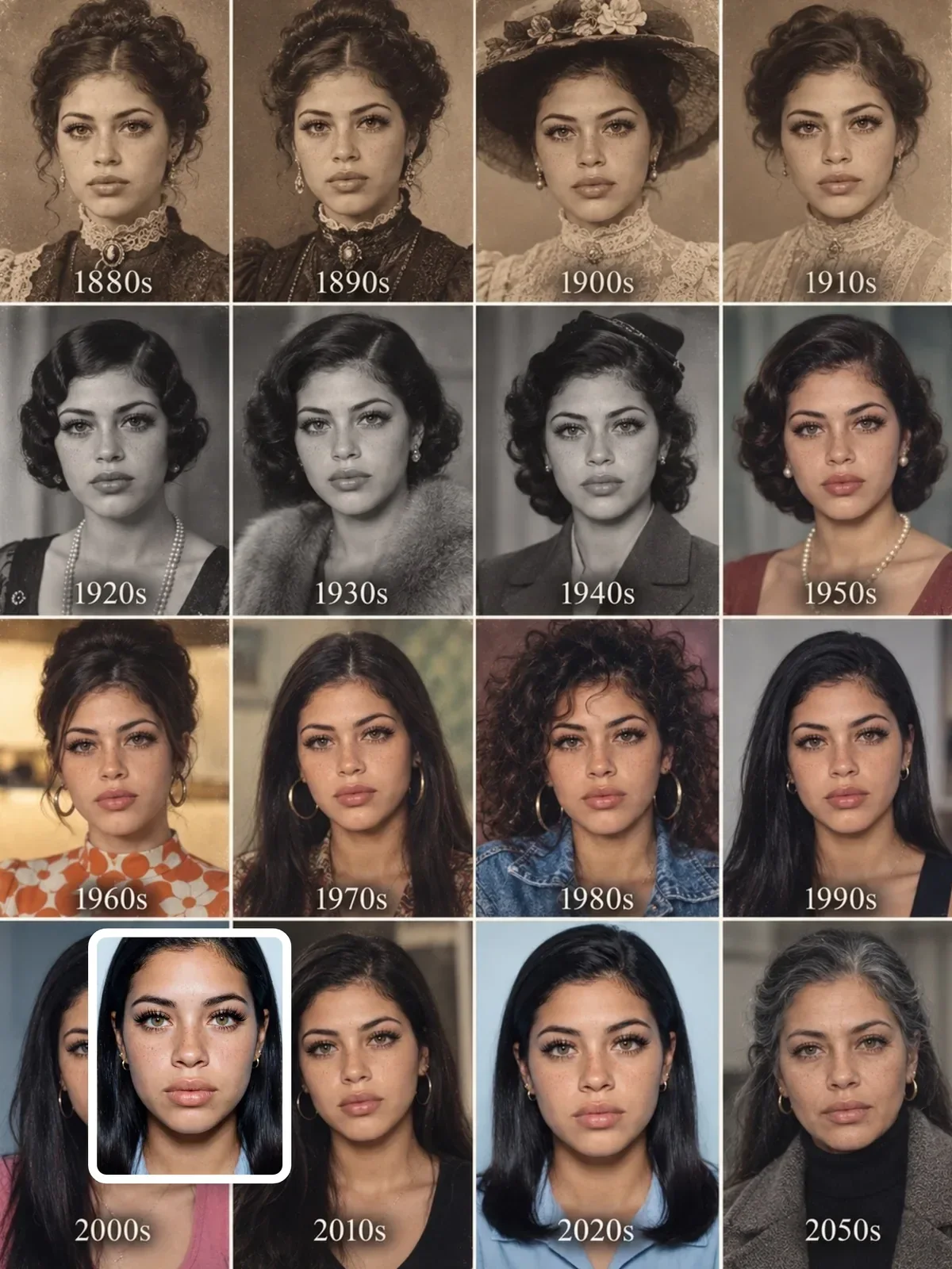 Face through the decades 4×4 timeline, resultado de prompt en ChatGPT
