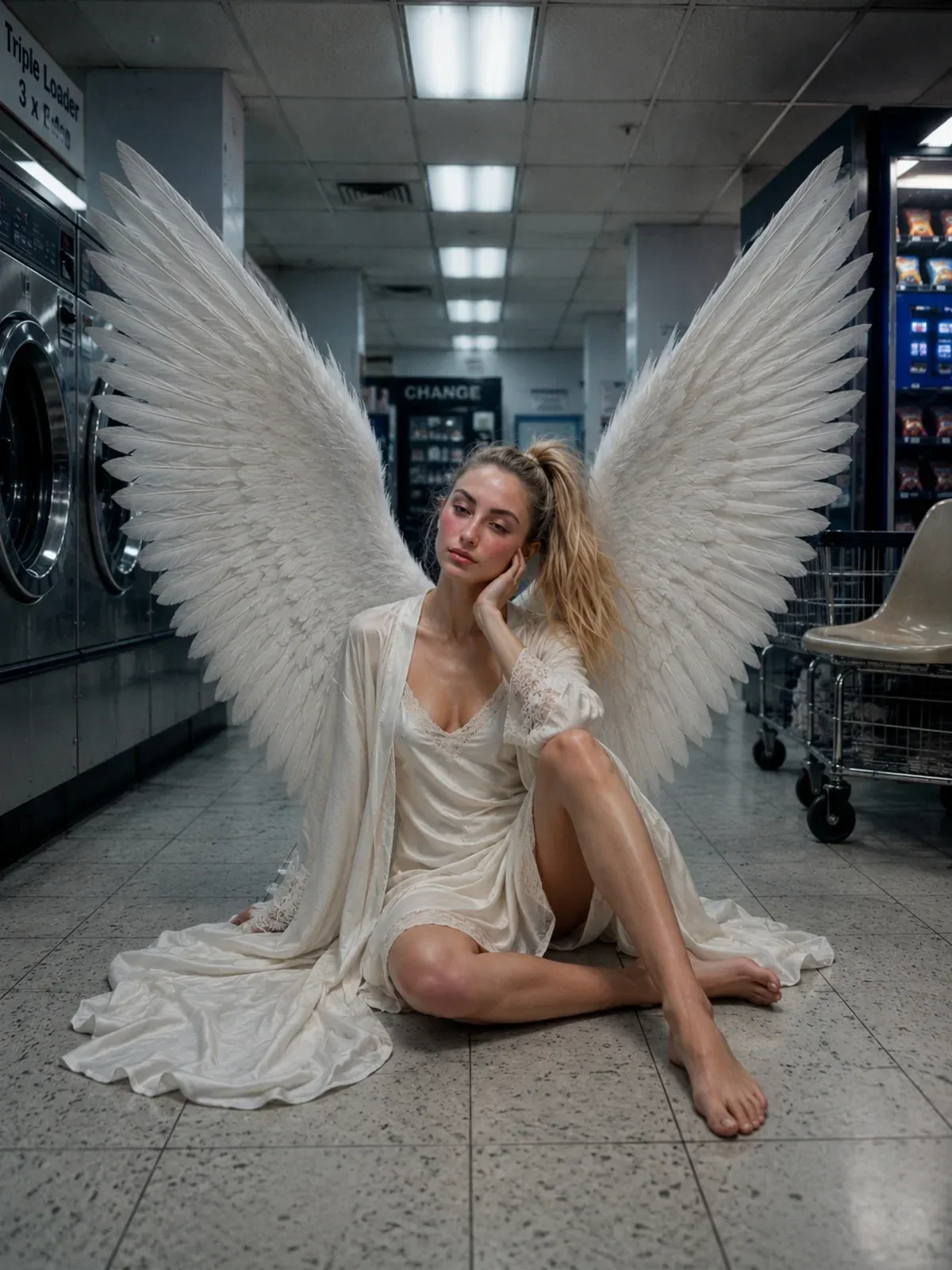 Surreal high-fashion angel on the floor, ChatGPT prompt result
