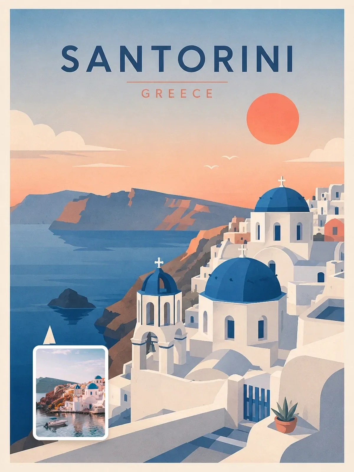 Minimal layered-cutout travel poster, Ergebnis eines ChatGPT Prompts