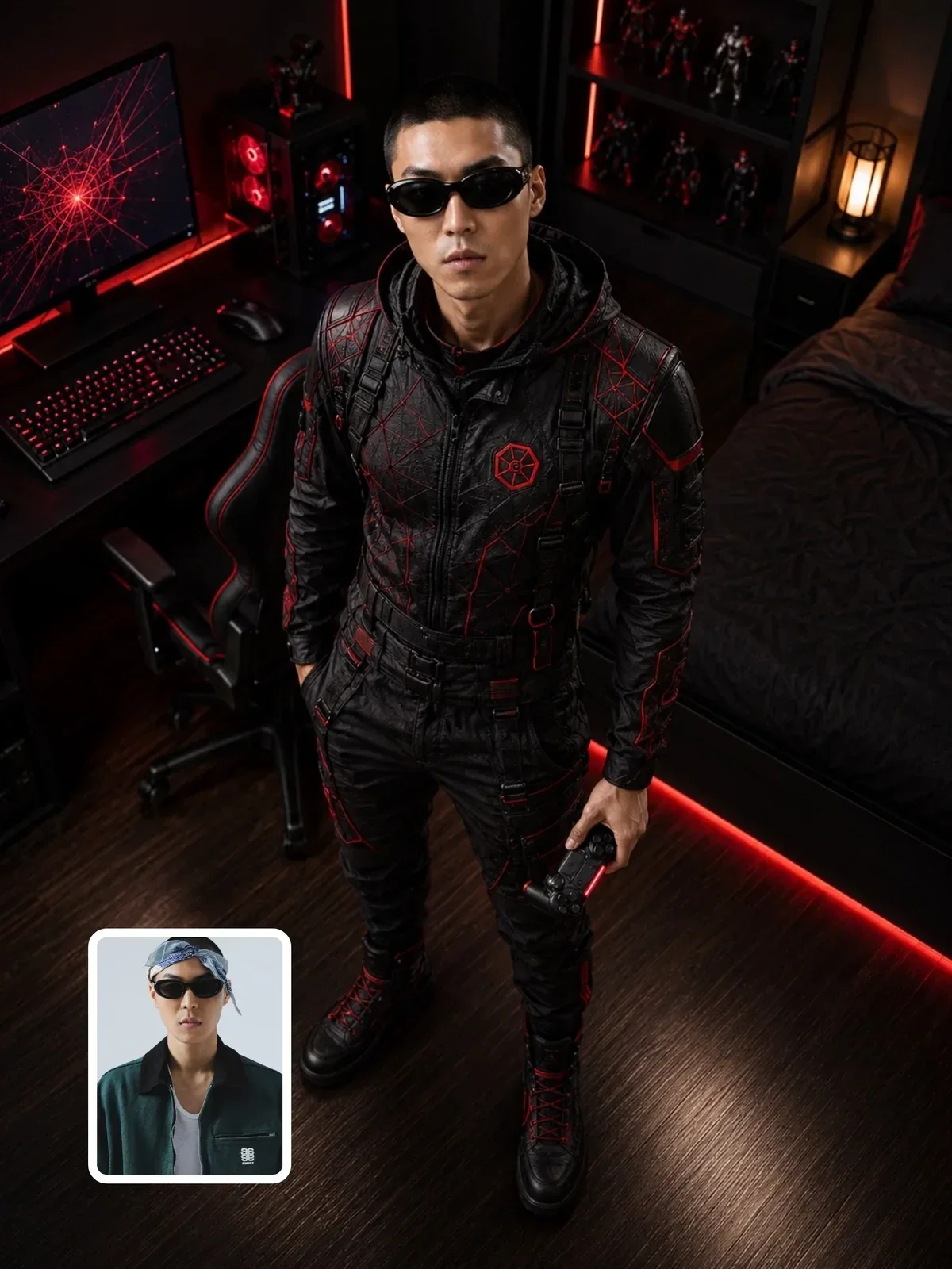 Black-and-crimson arachnid hero gaming room, ChatGPT prompt result